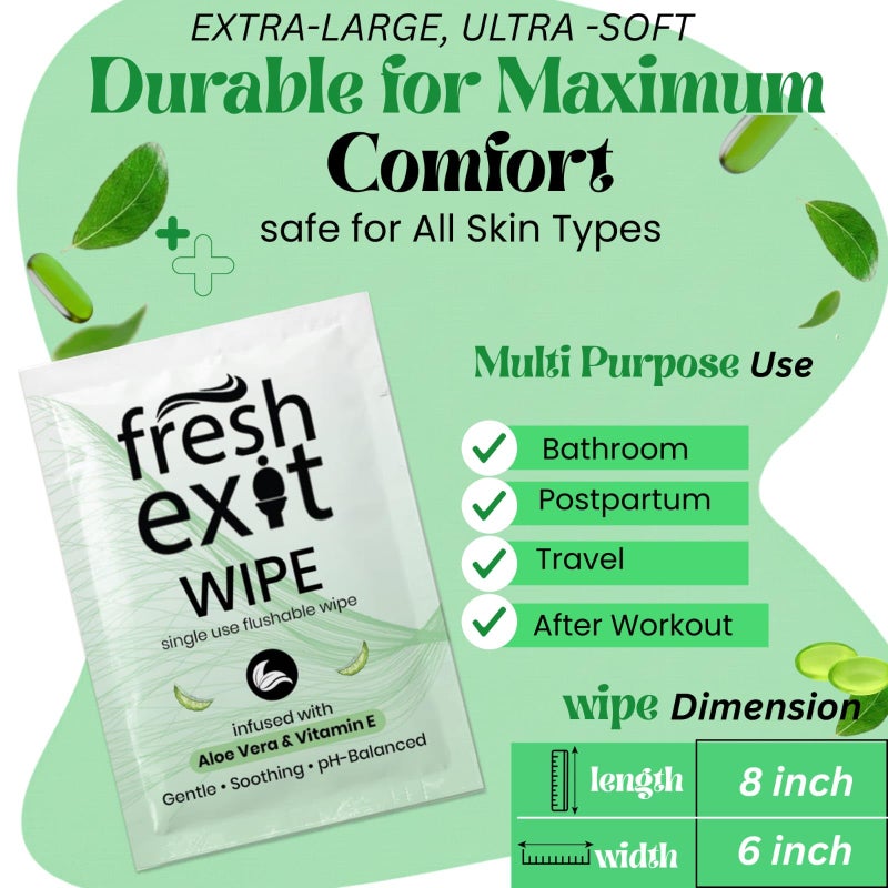 FreshExit Flushable Wipes for Adults â€“ 36 Individually Wrapped Biodegradable Wet Wipes, Travel Size, Extra-Large Unscented, hypoallergenic â€“ Feminine Hygiene & Personal Care Wipes - Image 3